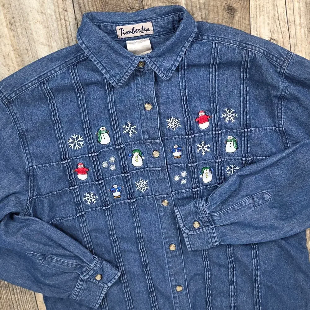 Vintage Christmas Denim Shirt Snowflake Holiday Size Small/Medium Embroidered